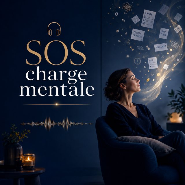 Illustration de l'audio SOS charge mentale, une femme qui relâche la surcharge intérieure dans une ambiance calme