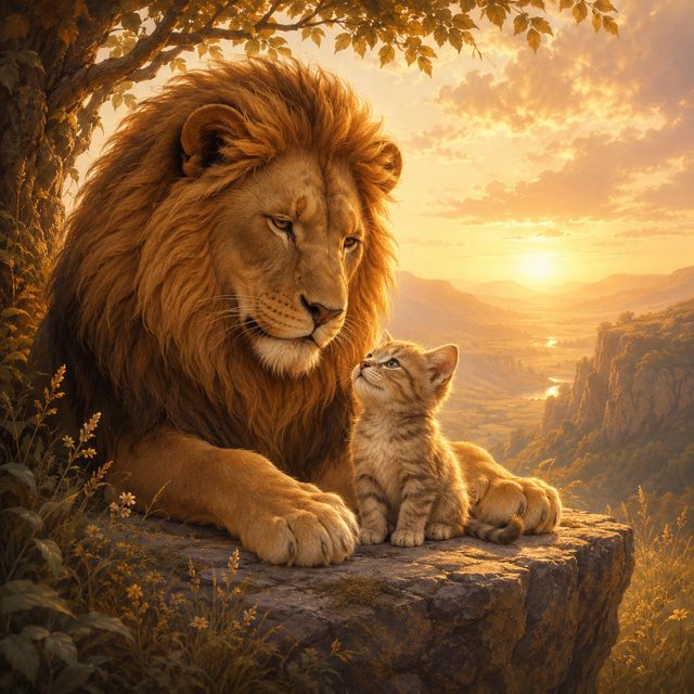 Chaton et lion dans une lumière douce pour illustrer une histoire hypnotique pour enfants